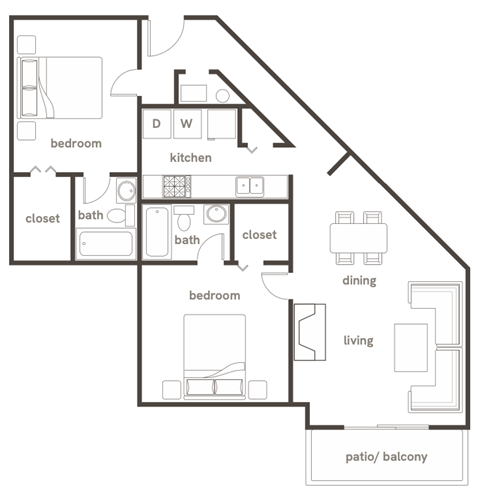 Floor plan for 2 beds, 1 bath, 997 sqft